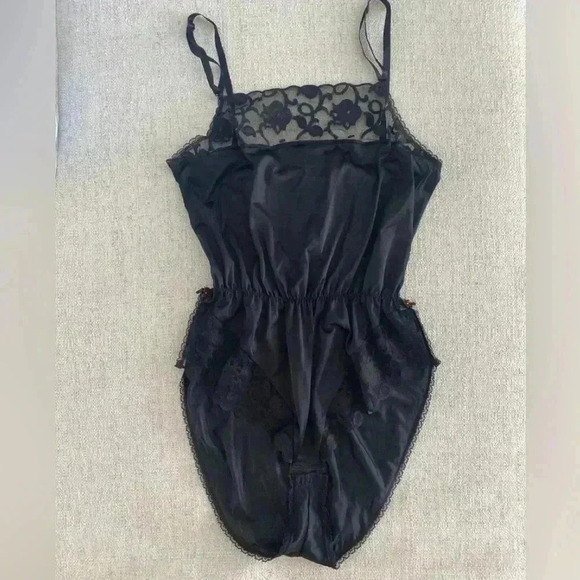 Vintage 70s 80s Lingerie Satin Sexy High Leg With Lace Black Size Medium M - Picture 10 of 11